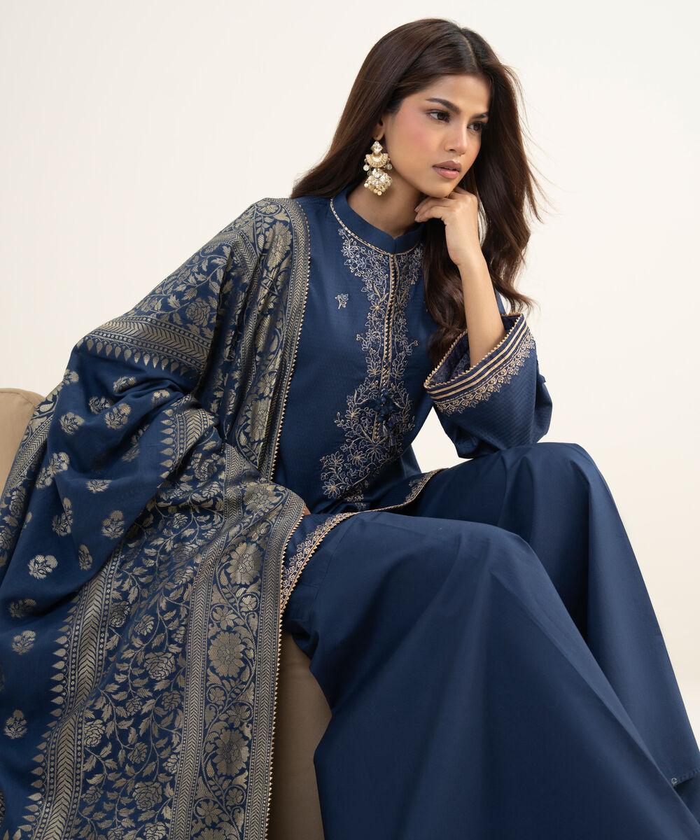 Women's Unstitched Dobby Embroidered Blue 3 Piece Suit