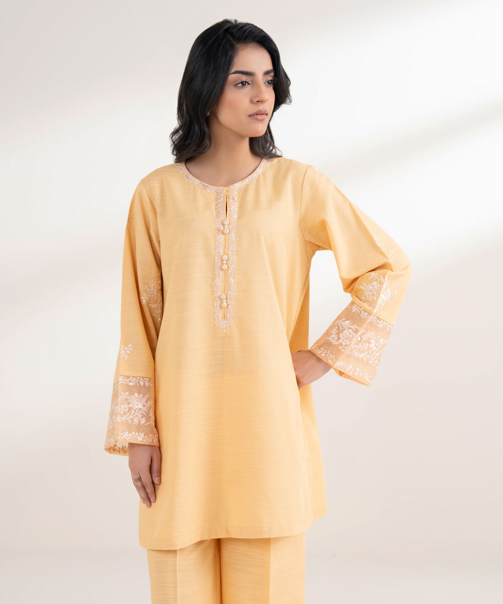 Women's RTW Light Khaddar Embroidered Pale Yellow Straight Shirt