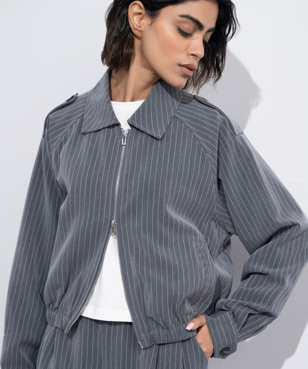 Women's Western Wear Grey Zip Up Striped Bomber Jacket