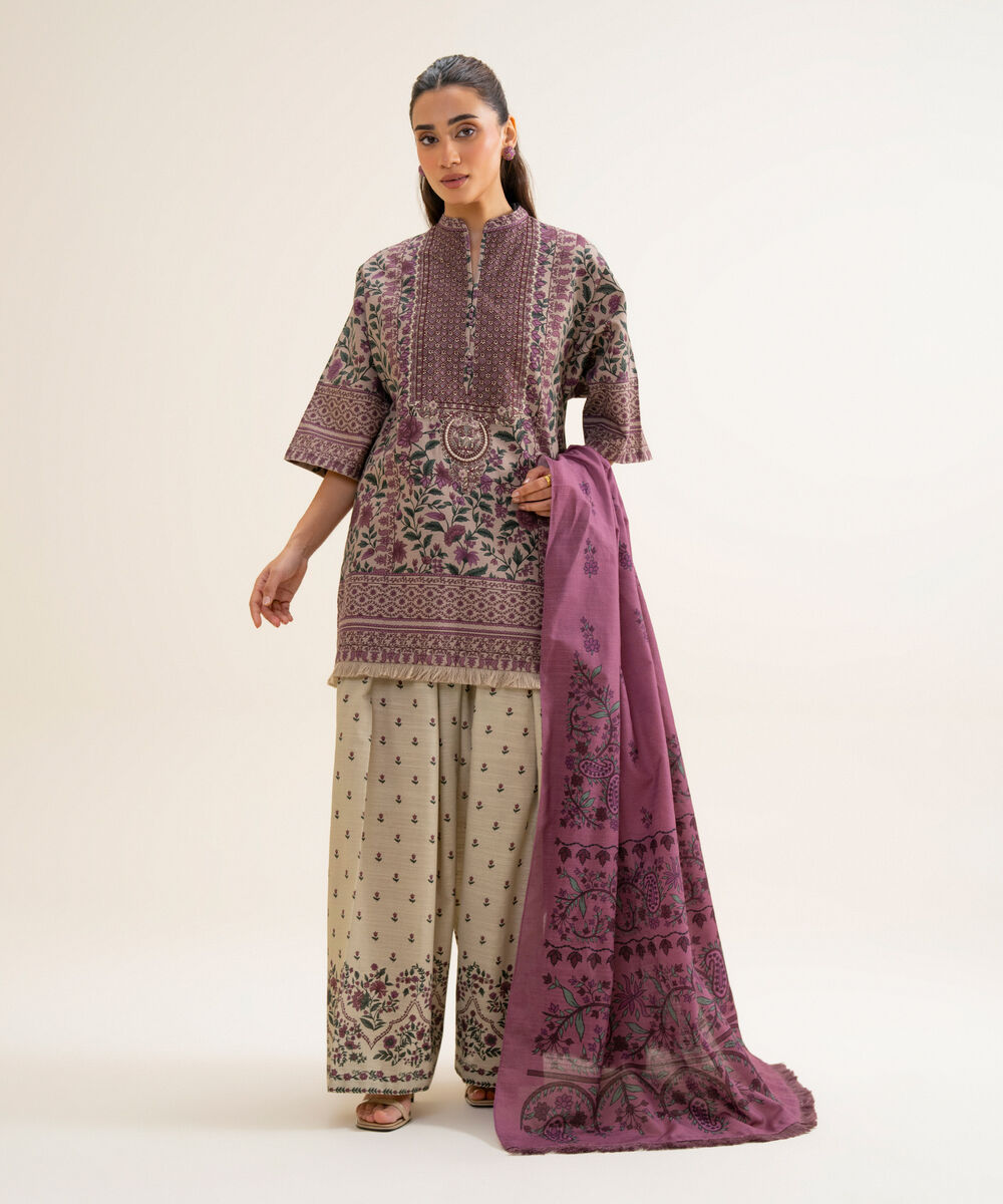 Women's Unstitched Cotton Printed Tea Pink 3 Piece Suit