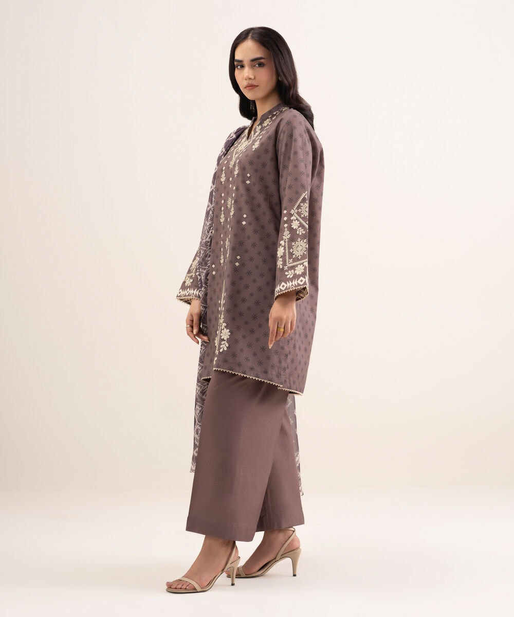 Women's Unstitched Lawn Embroidered Brown 3 Piece Suit