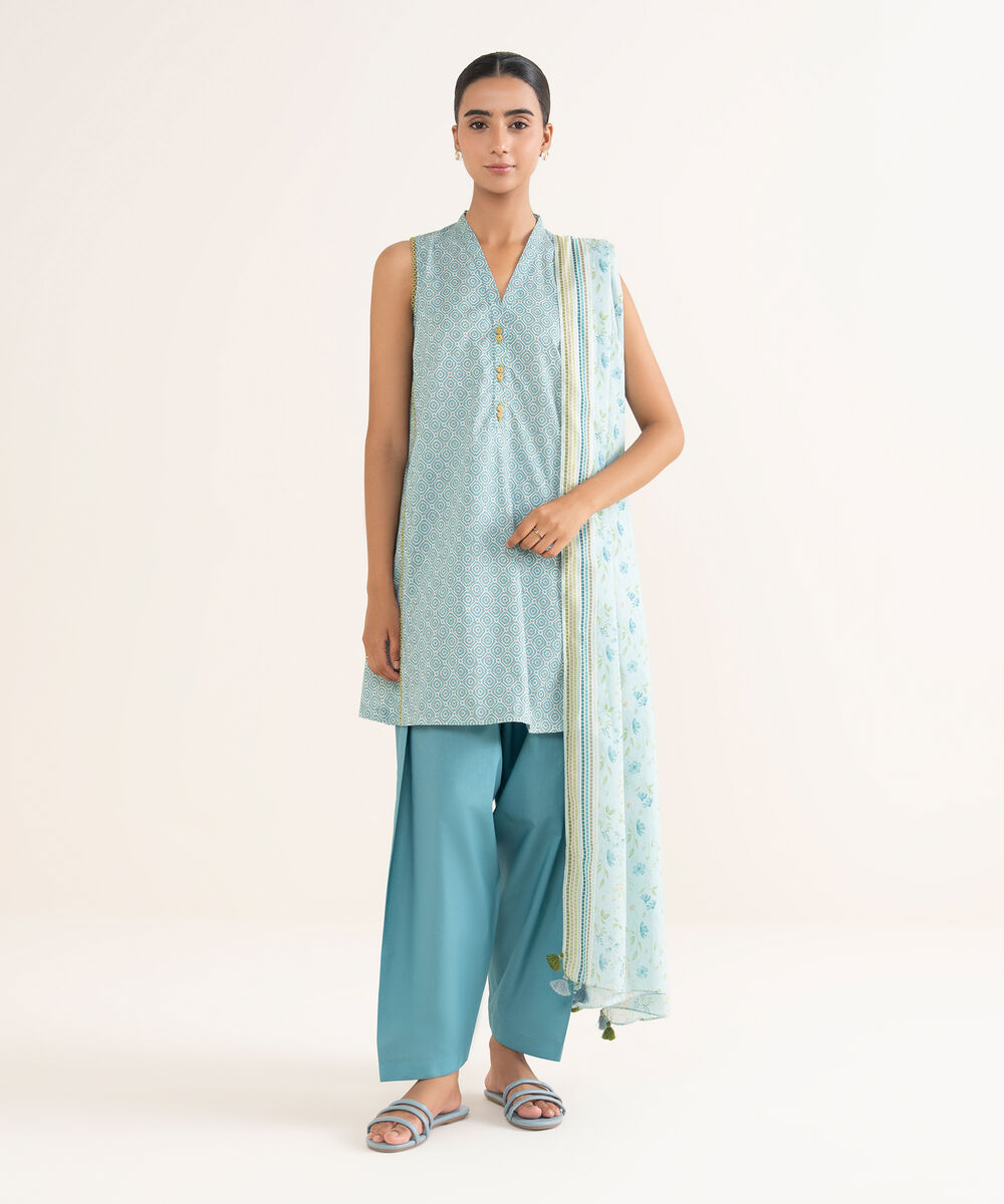 Women's Unstitched Lawn Printed Blue 3 Piece Suit