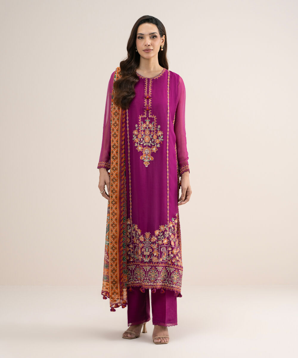 Women's Unstitched Embroidered Blended Chiffon Purple 3 Piece Suit