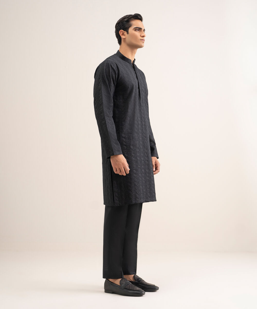 Men'S Stitched Black Premium Cotton Suit