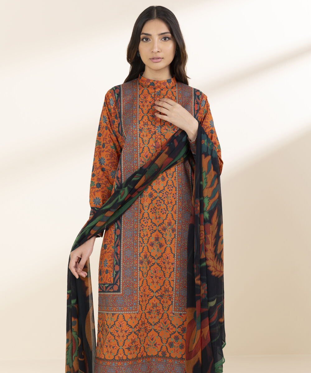 Unstitched Women's Orange Lawn 3 Piece Suit