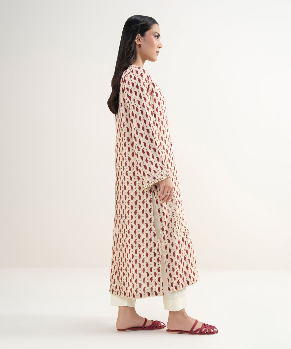 Women's RTW Viscose Raw Silk Embroidered Cream White Straight Shirt