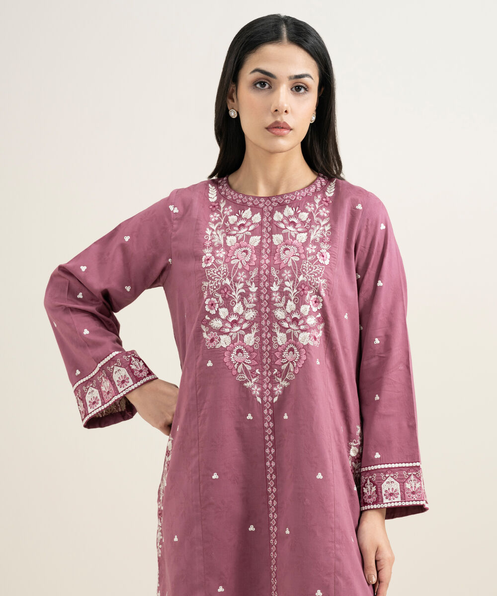 Women's RTW Self Jacquard Embroidered Purple Straight Shirt