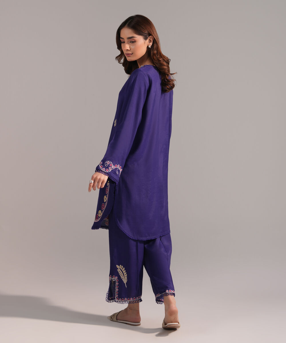 Women's RTW Viscose Raw Silk Embroidered Blue 2 Piece Suit