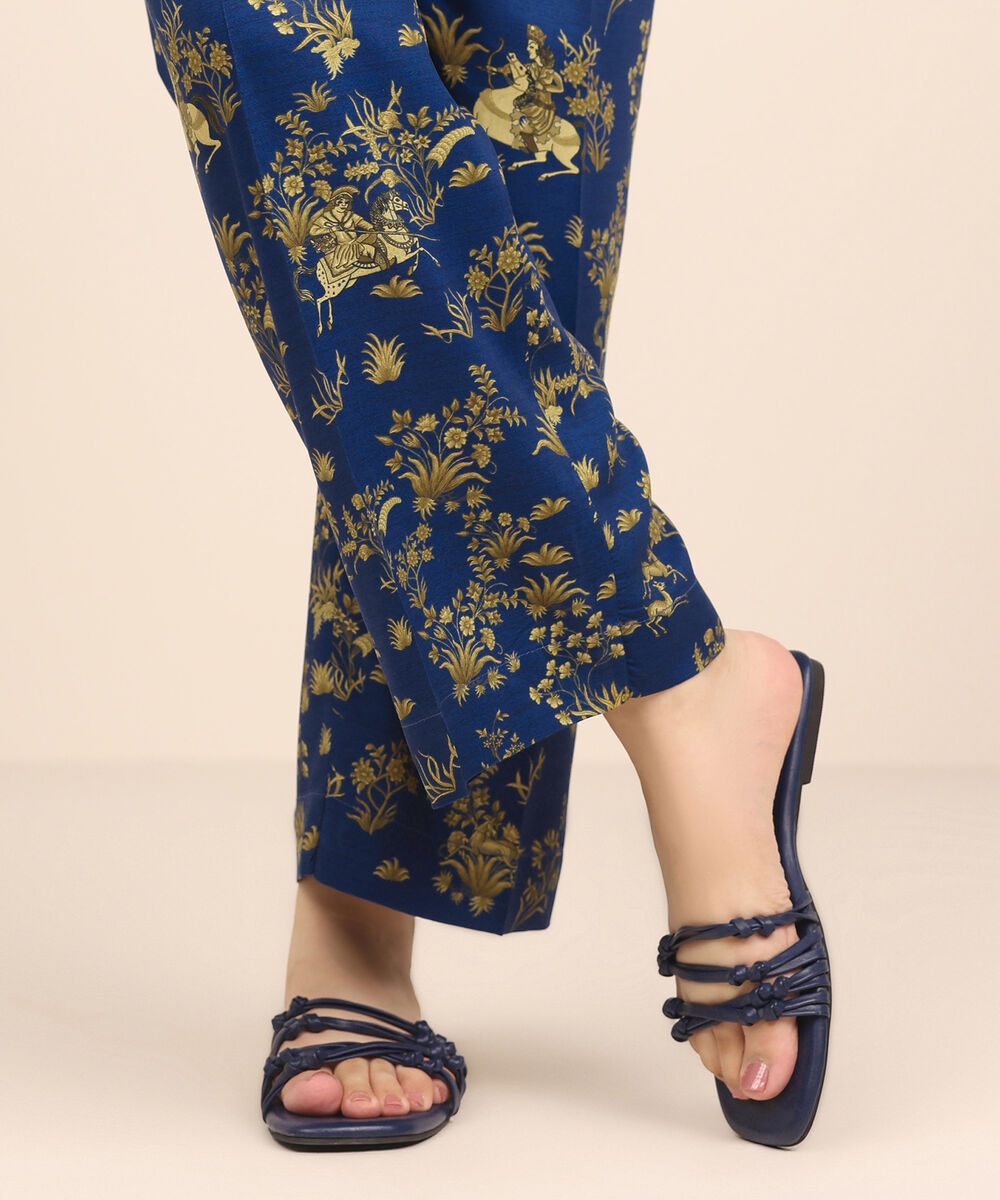 Women's RTW Arabic Lawn Blue Printed Straight Pants