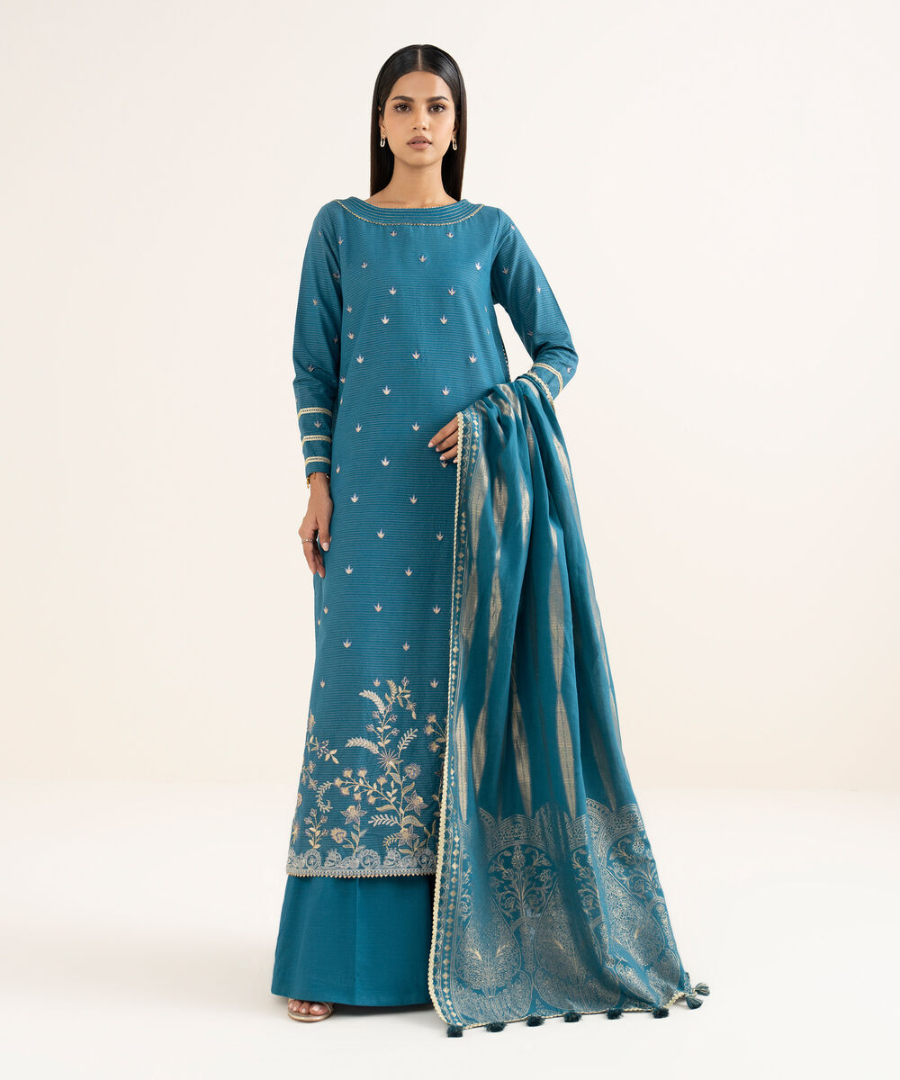 Women's Unstitched Embroidered Zari Khaddar Blue 3 Piece Suit