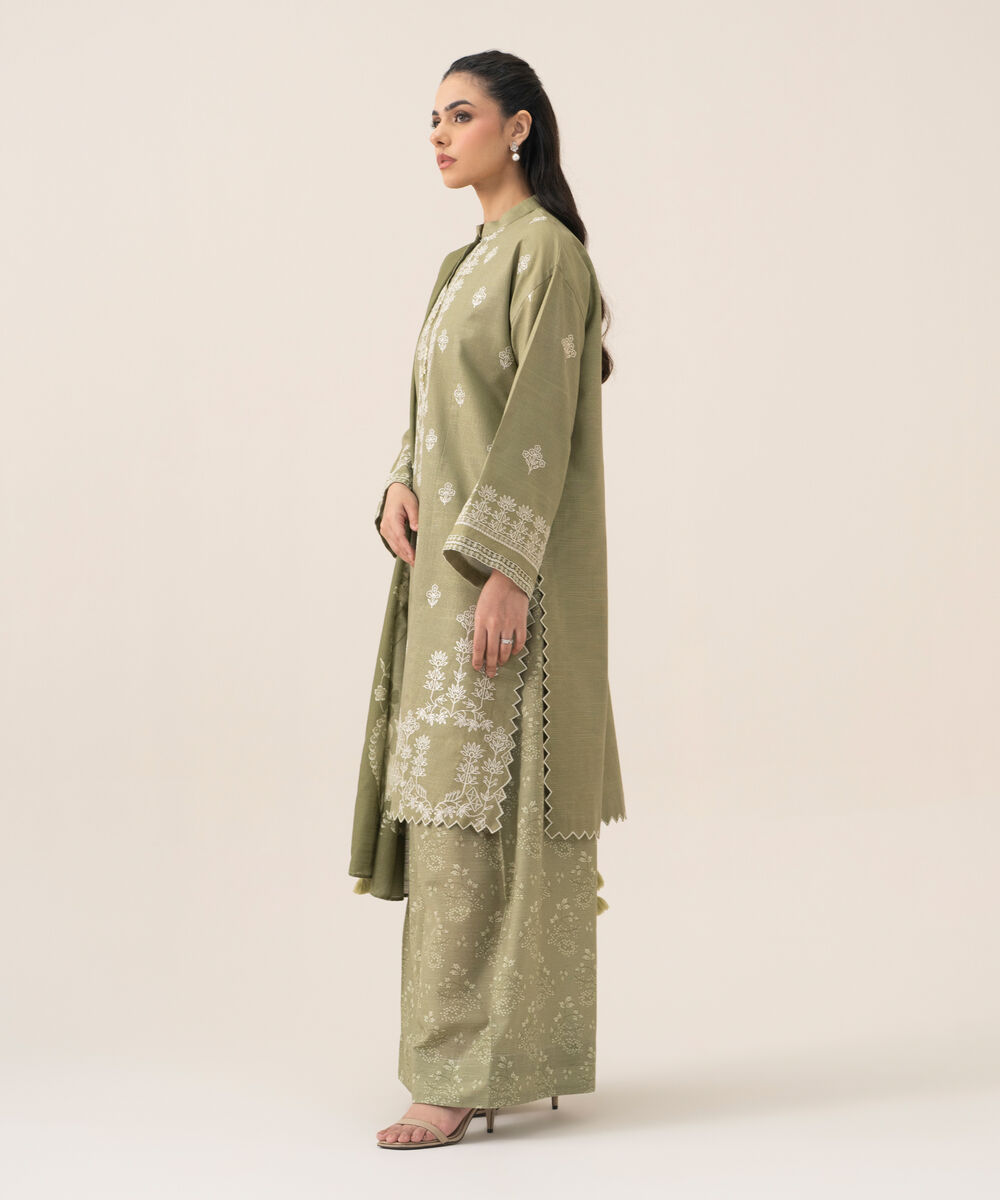 Women's Unstitched Cotton Embroidered Light Green 3 Piece Suit