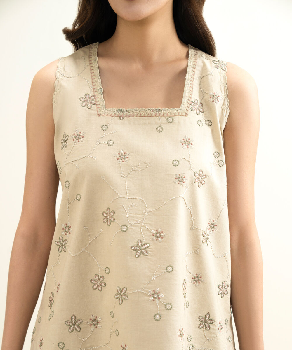 Women's Unstitched Lawn Embroidered Beige 3 Piece Suit