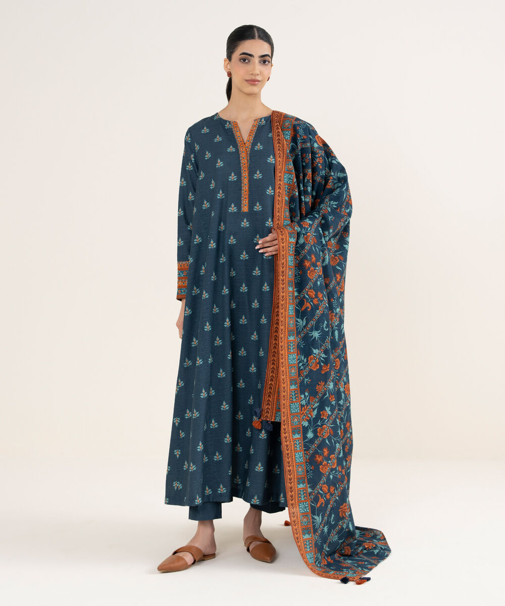 Women's Unstitched Printed Khaddar Midnight Blue & Orange 3 Piece Suit