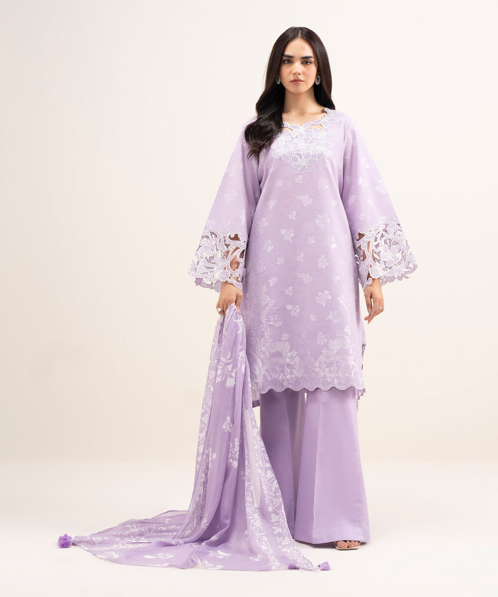 Women's Unstitched Extra Weft Jacquard Embroidered Purple 3 Piece Suit