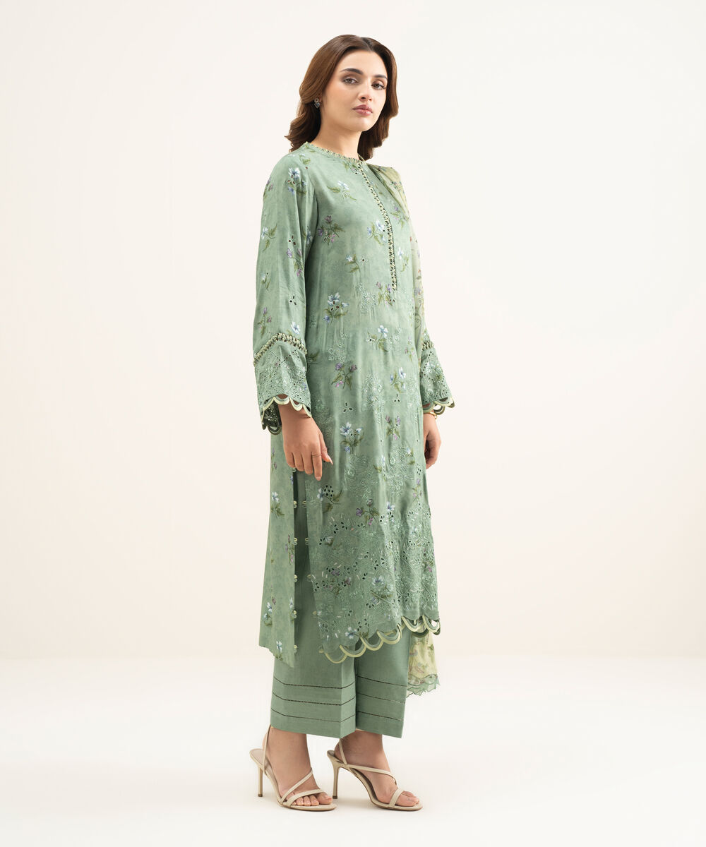 Women's Unstitched Viscose Satin Green Embroidered 3 Piece Suit
