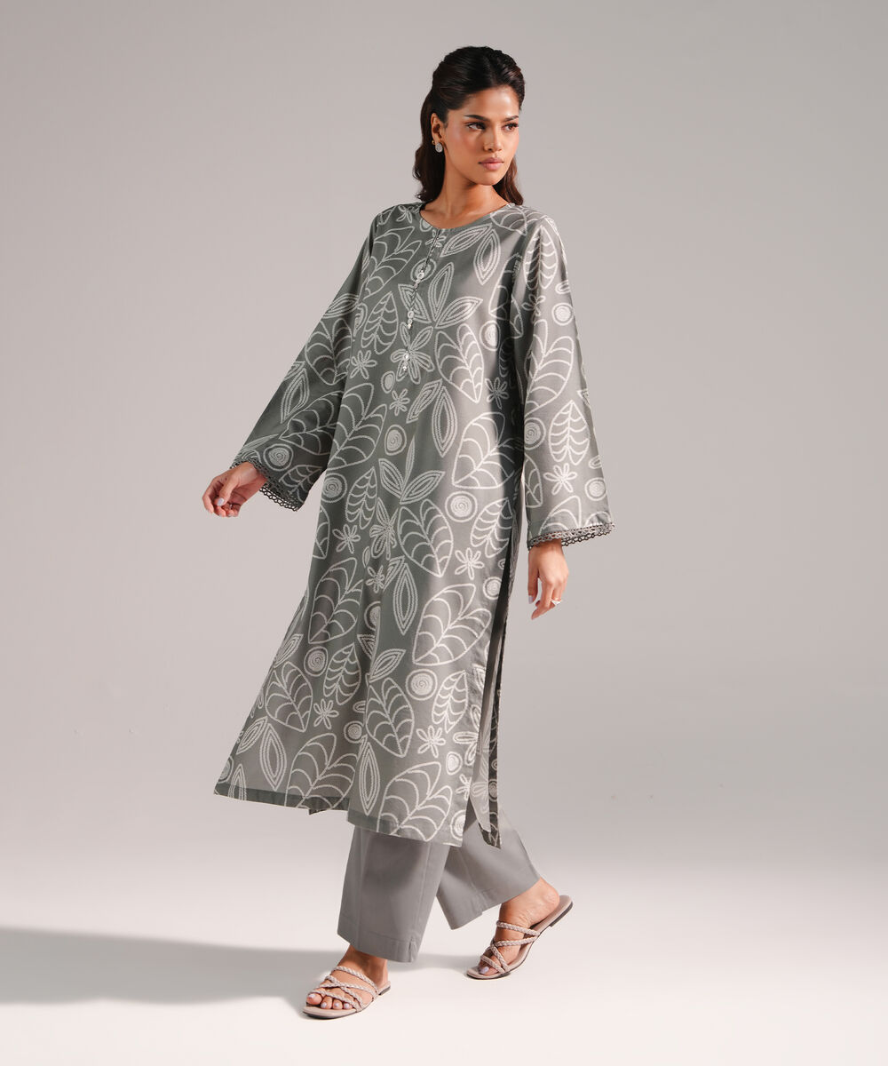 Women's RTW Cotton Viscose Printed Grey 2 Piece Suit