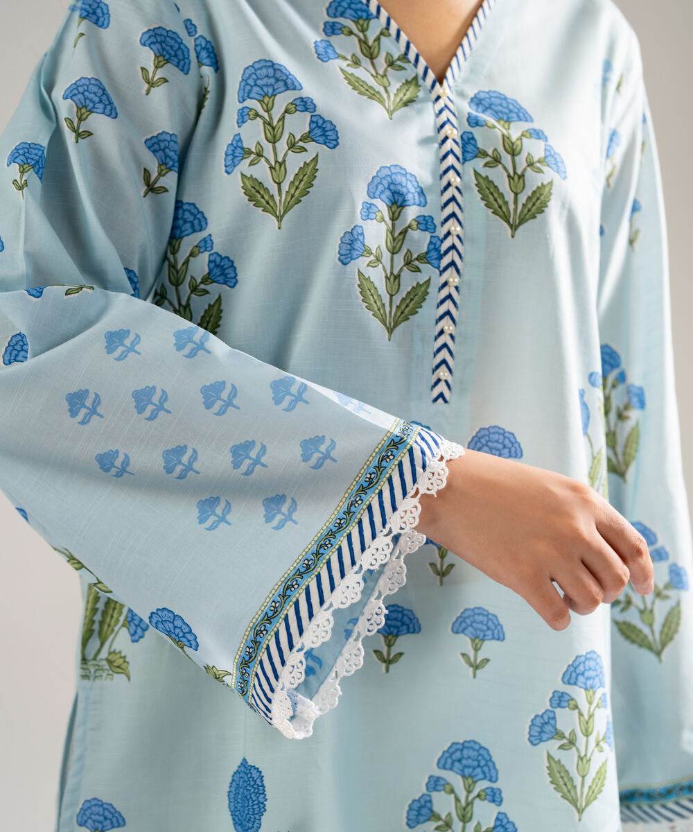 Women's RTW Slub Lawn Printed Ice Blue Straight Shirt