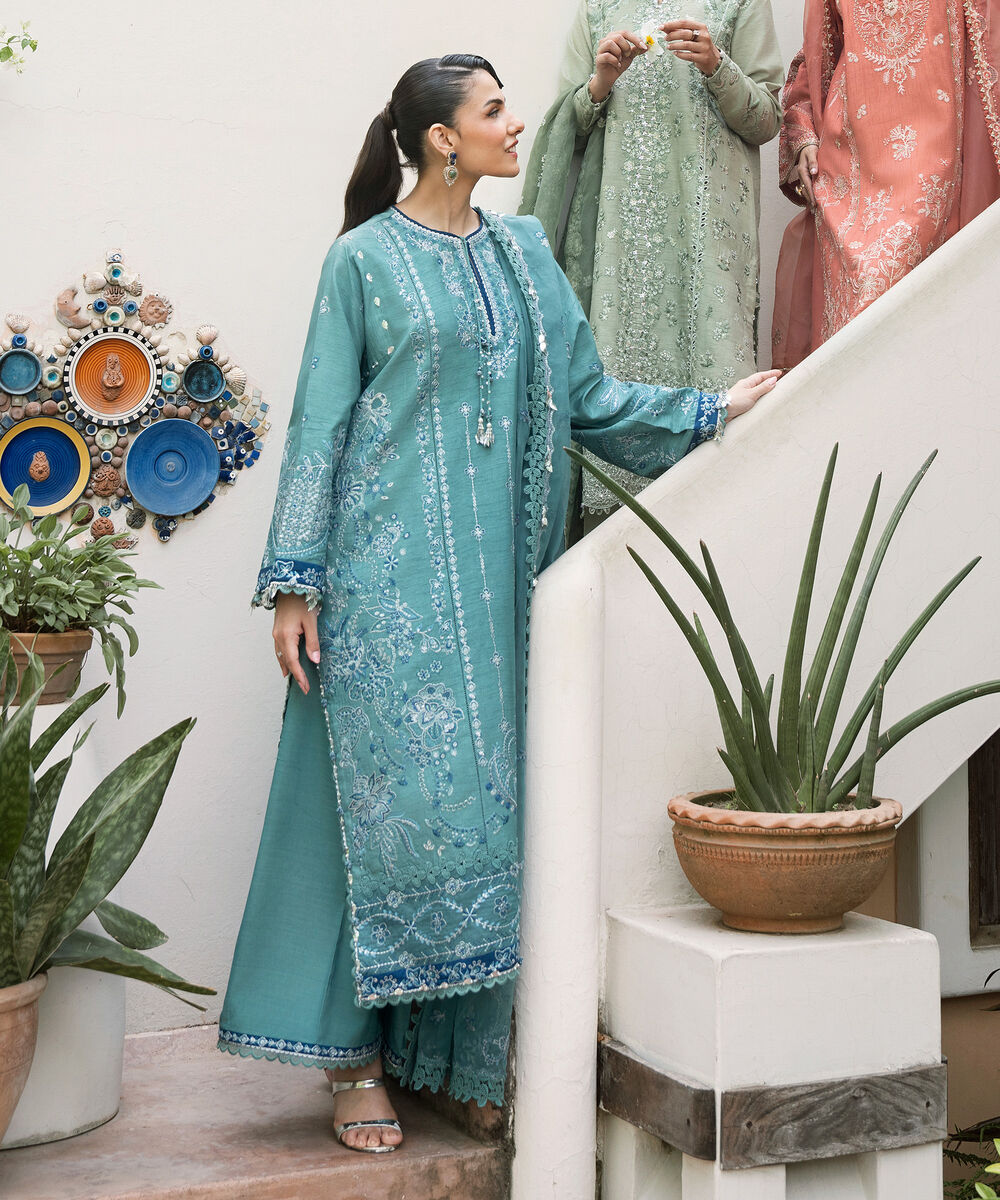 Women's Unstitched Embroidered Viscose Raw Silk Aqua 3 Piece Suit