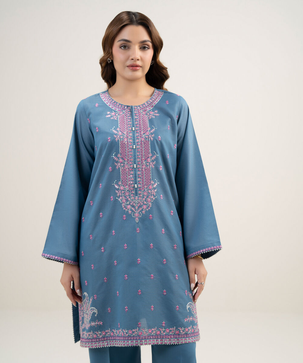 Women's RTW Zari Lawn Embroidered Blue Straight Shirt