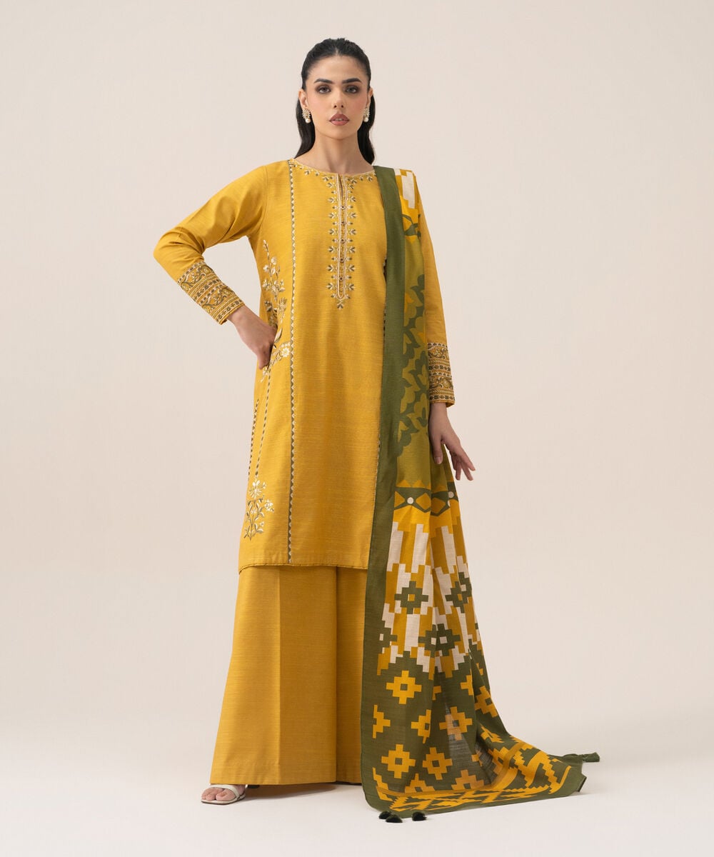 Women's Unstitched Premium Khaddar Embroidered Yellow 3 Piece Suit