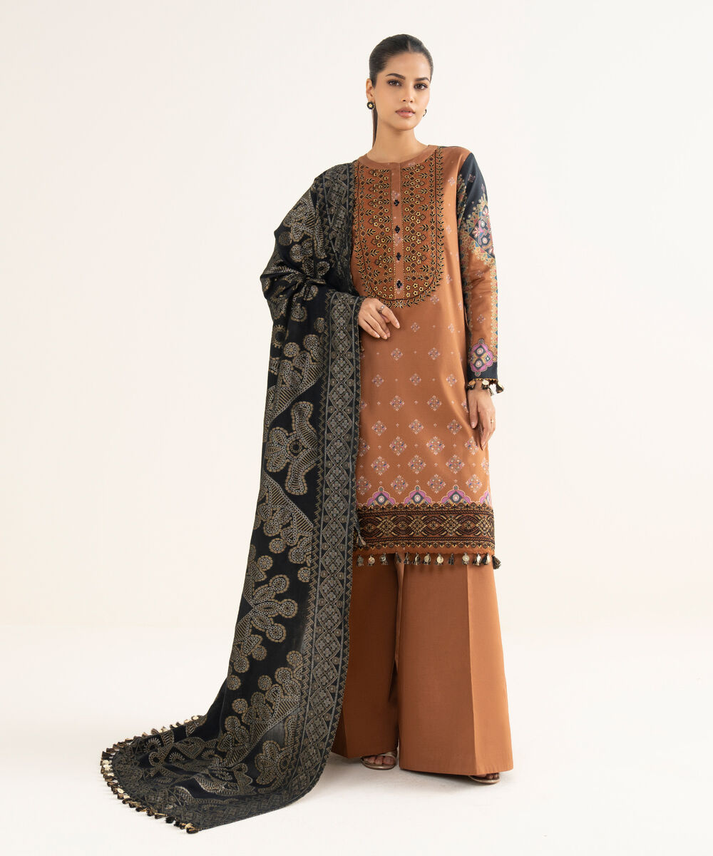 Women's Unstitched Fine Cotton Satin Embroidered Brown  3 Piece Suit