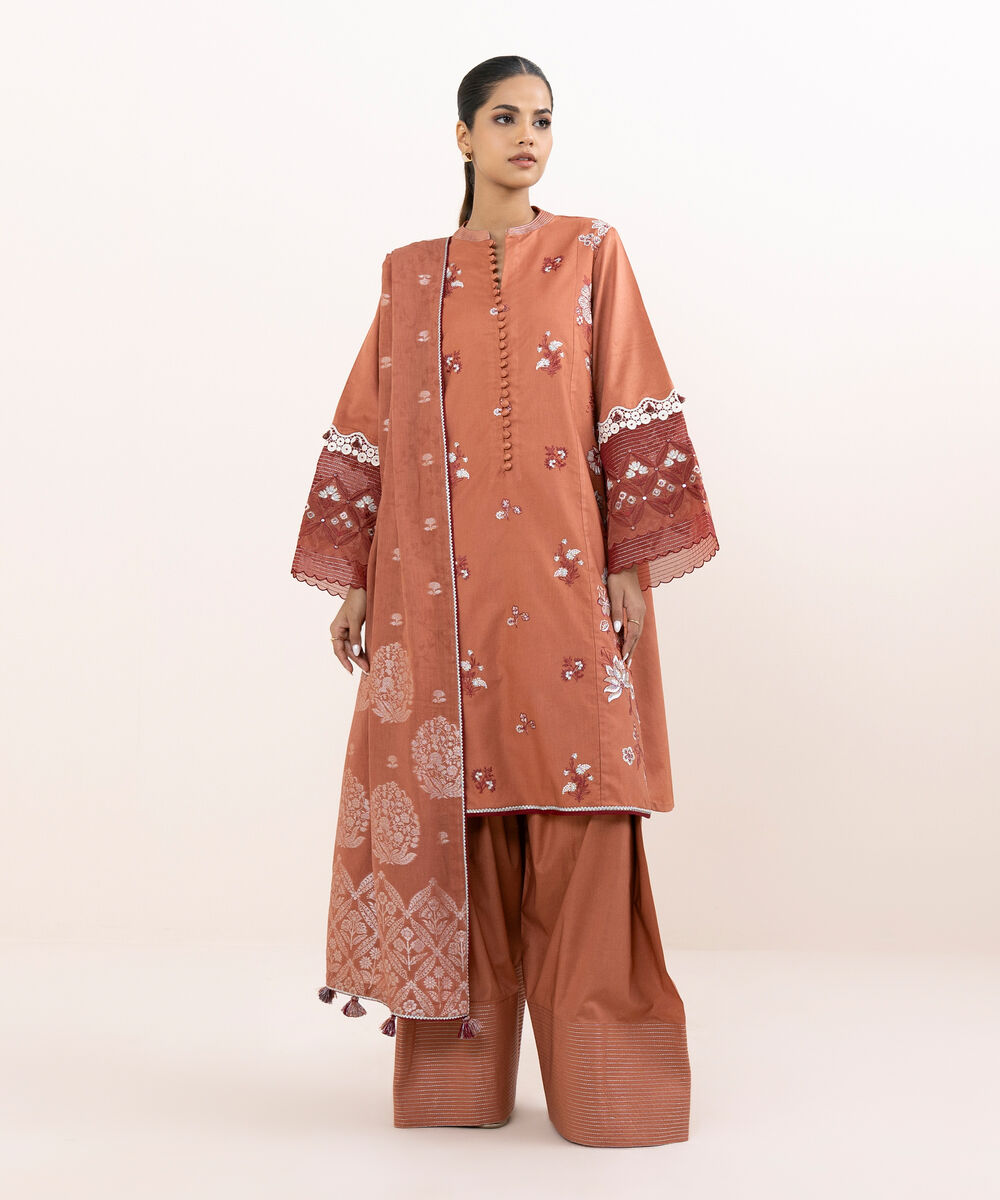 Women's Unstitched Light Cotton Satin Dyed Three Piece Suit