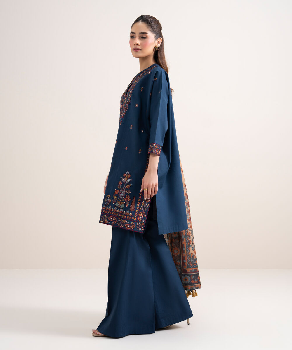 Women's Unstitched Textured Lawn Embroidered Blue 3 Piece Suit