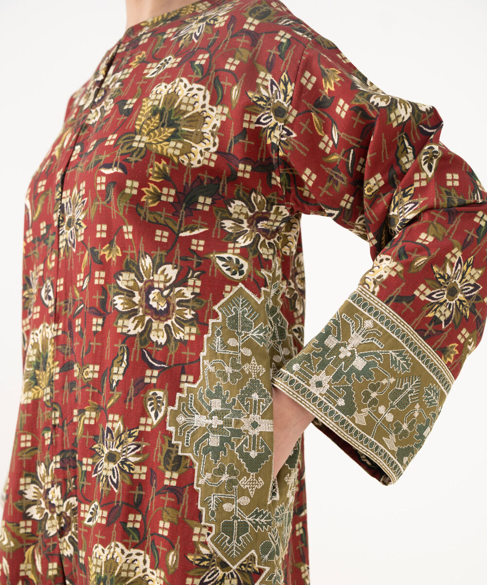 Women's RTW Cotton Embroidered Maroon A-Line Shirt