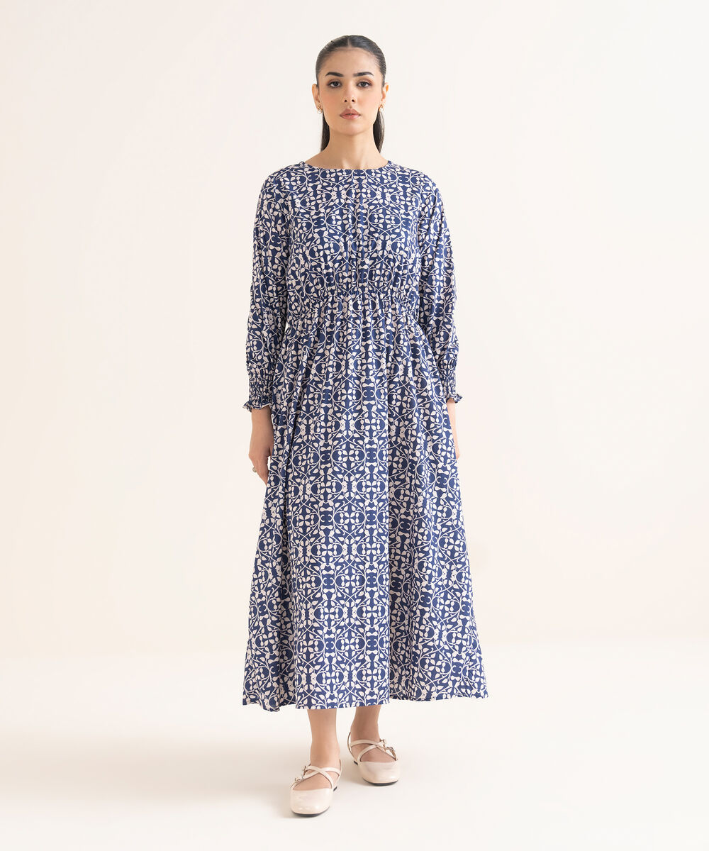 Women's RTW Cambric Printed Blue Dress