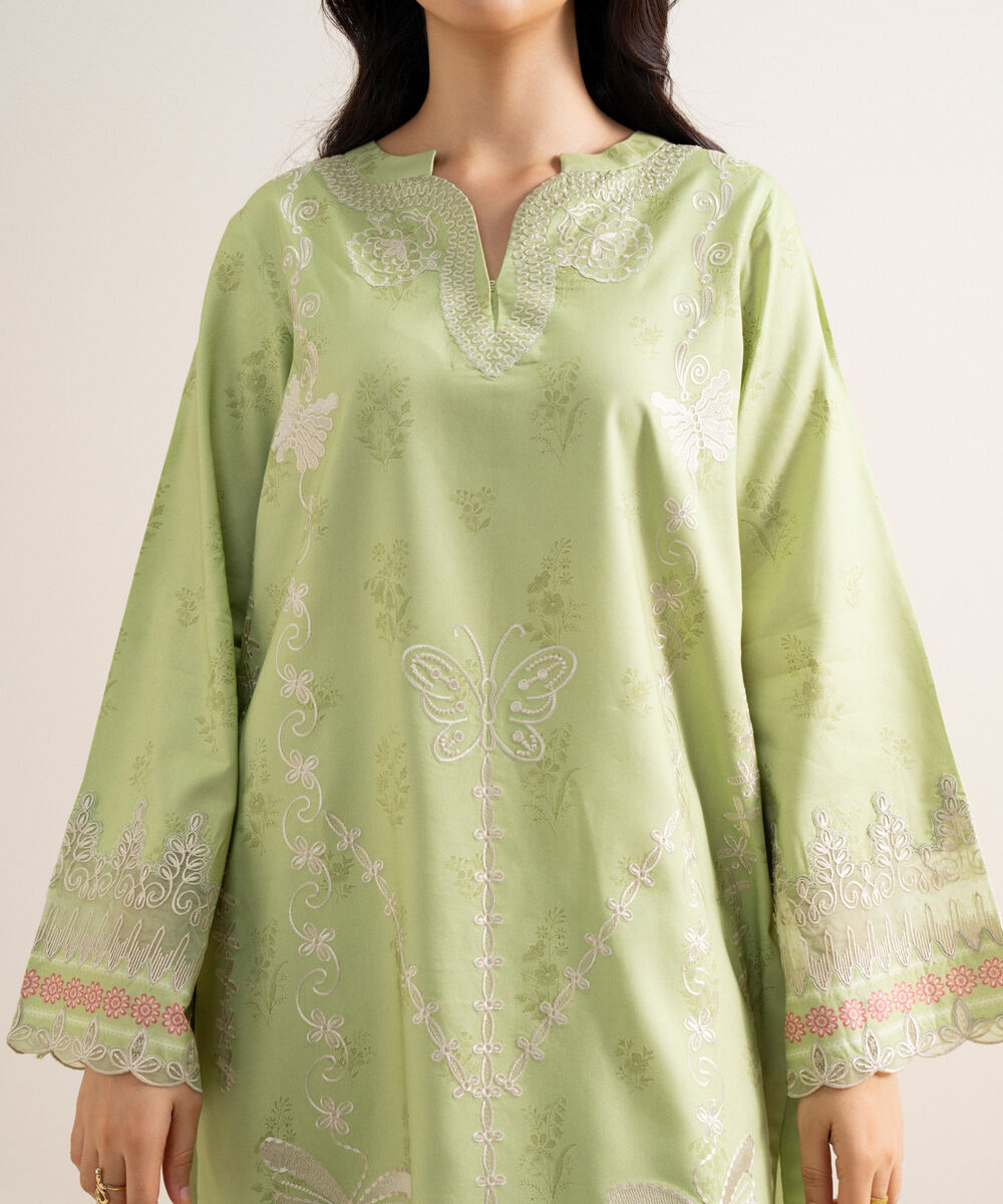 Women's Unstitched Embroidered Linen Light Mint Green 3 Piece Suit