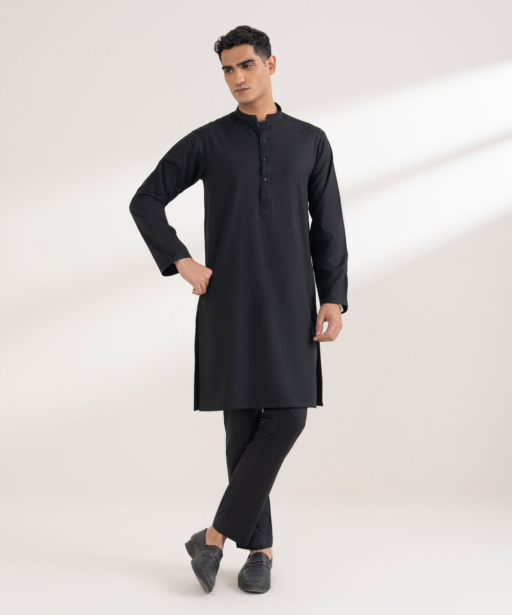 Men's Stitched Jacquard Black Kurta