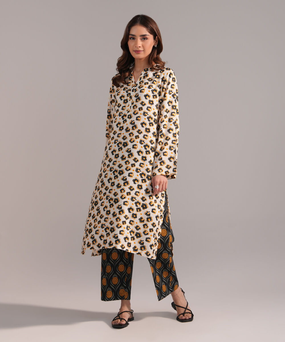 Women's RTW Arabic Lawn Printed Off White Straight Shirt