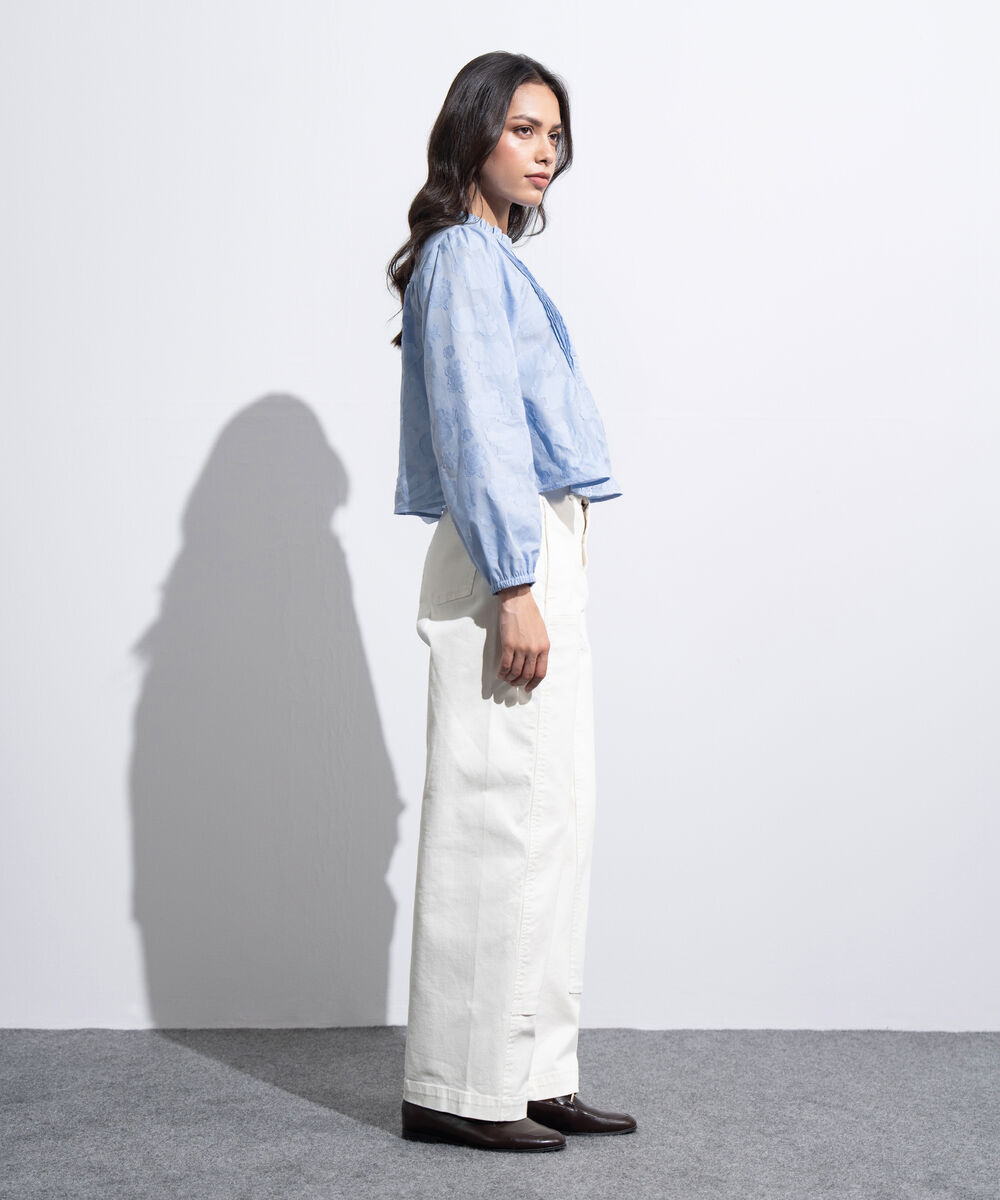 Women's Western Light Blue Textured Blouse With Puffed Sleeves