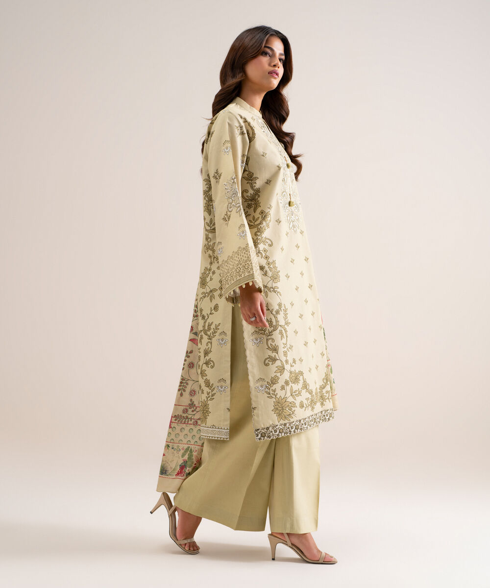 Women's Unstitched Embroidered Cotton Beige 3 Piece Suit