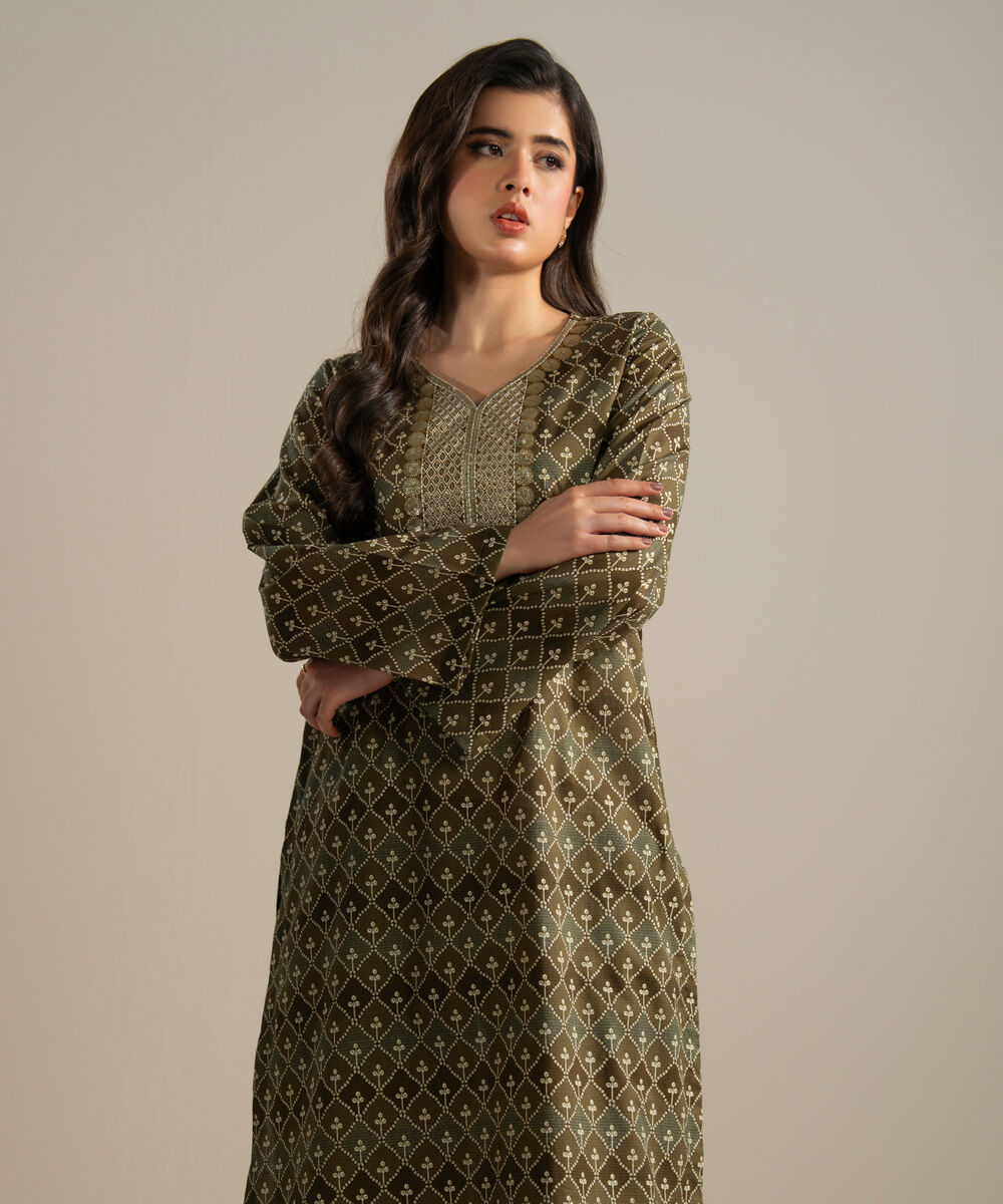 Women's RTW Slub Lawn Embroidered Green Straight Shirt