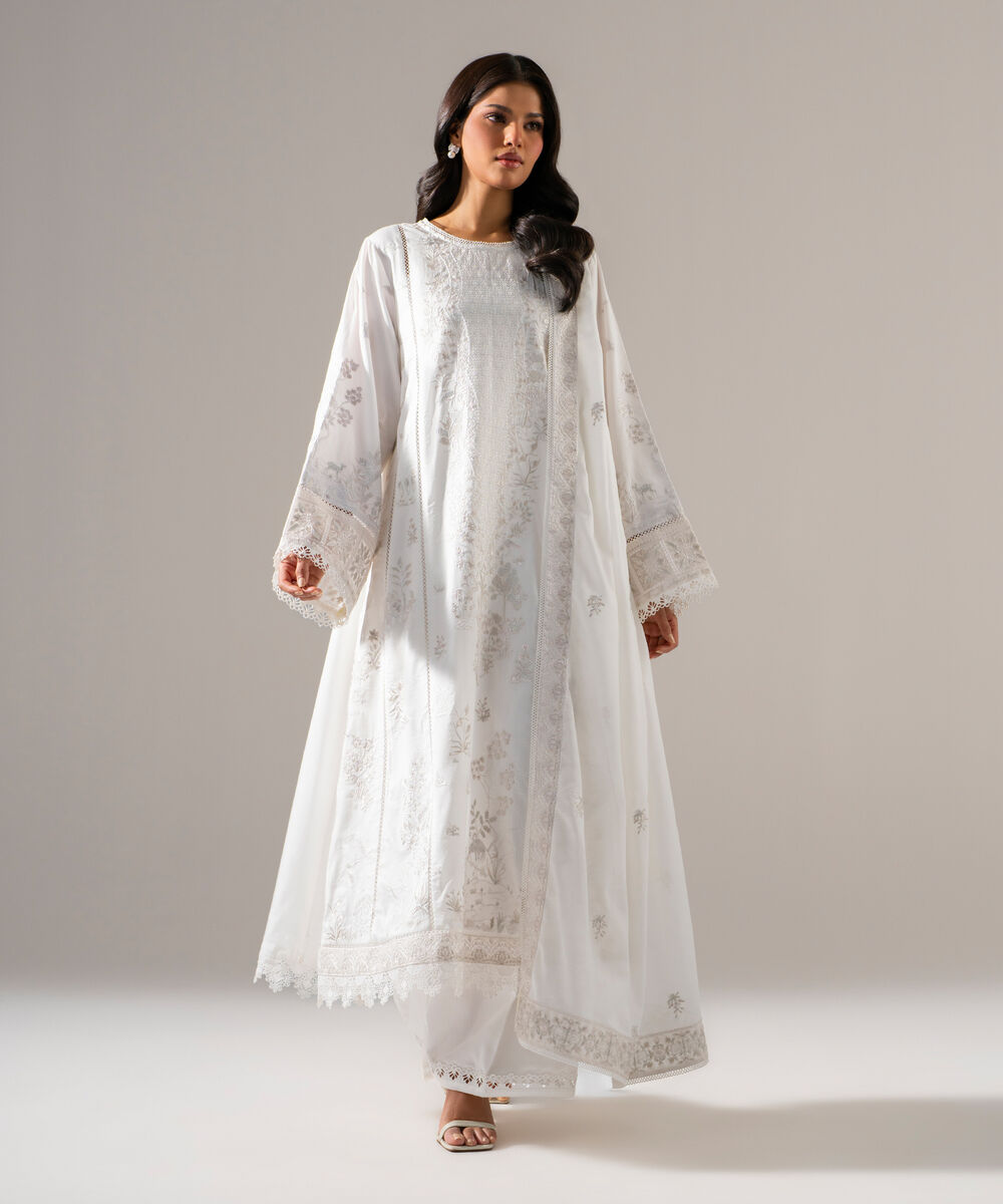 Women's RTW Cotton Satin Solid Embroidered Off White 3 Piece Suit