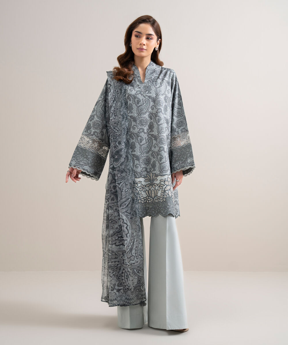 Women's Unstitched Zari Lawn Embroidered Grey 3 Piece Suit