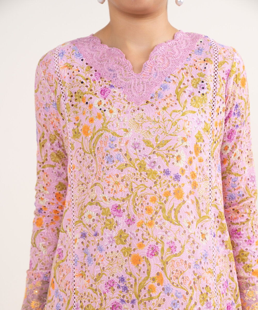 Women's Unstitched Cotton Embroidered Pink 3 Piece Suit