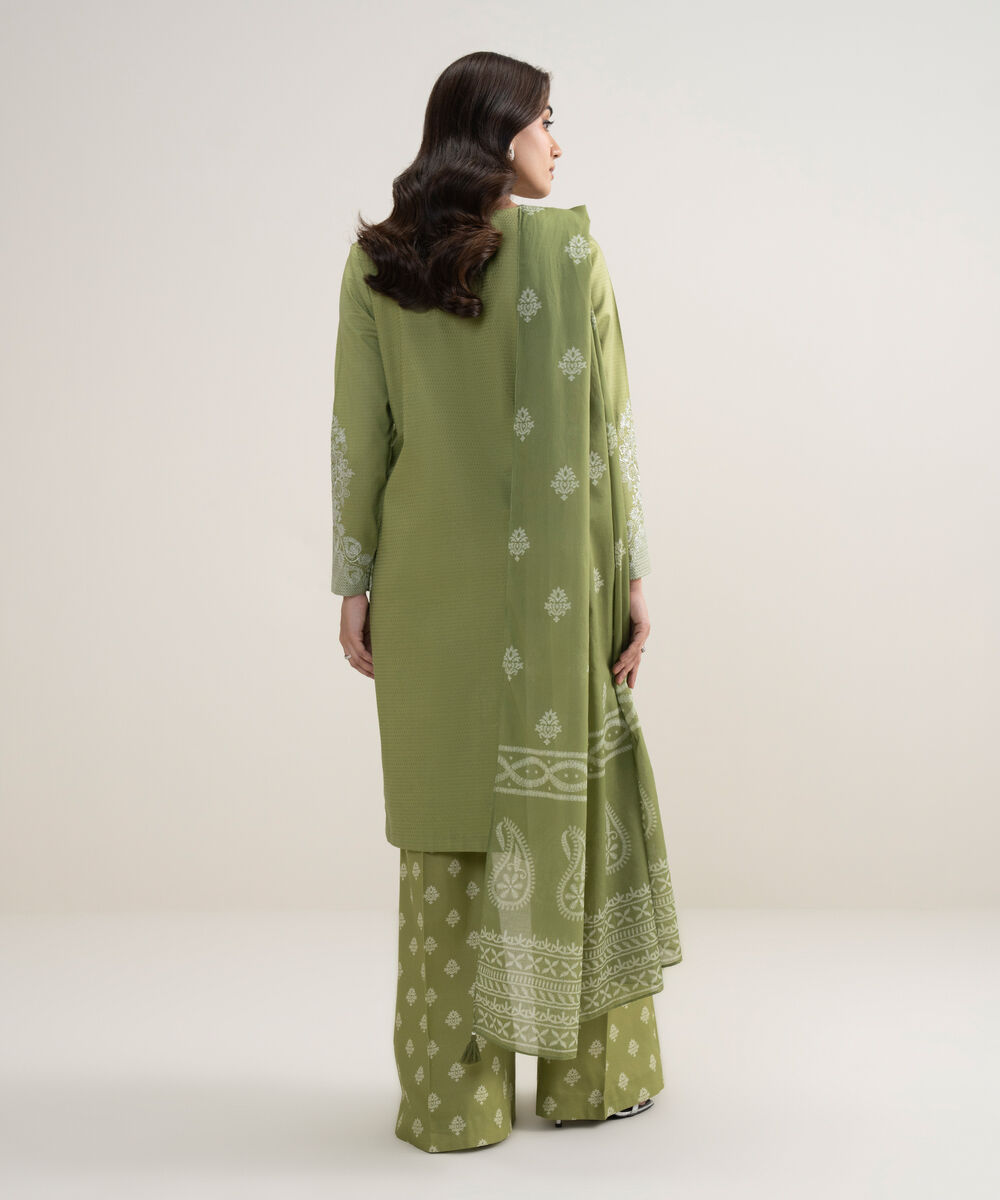 Women's Unstitched Dobby Embroidered Green 3 Piece Suit