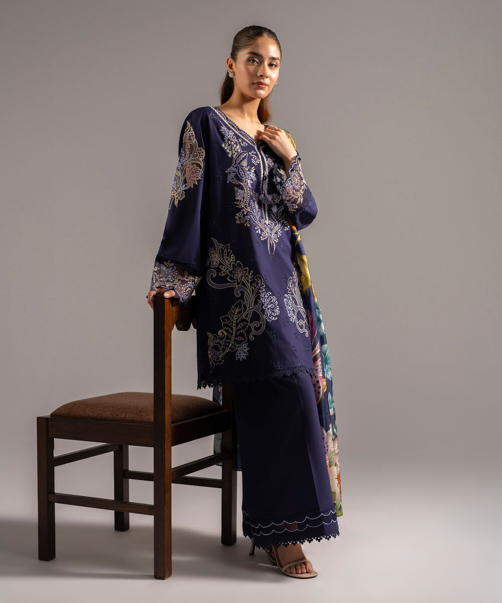 Women's RTW Slub Lawn Embroidered Dark Blue 3 Piece Suit