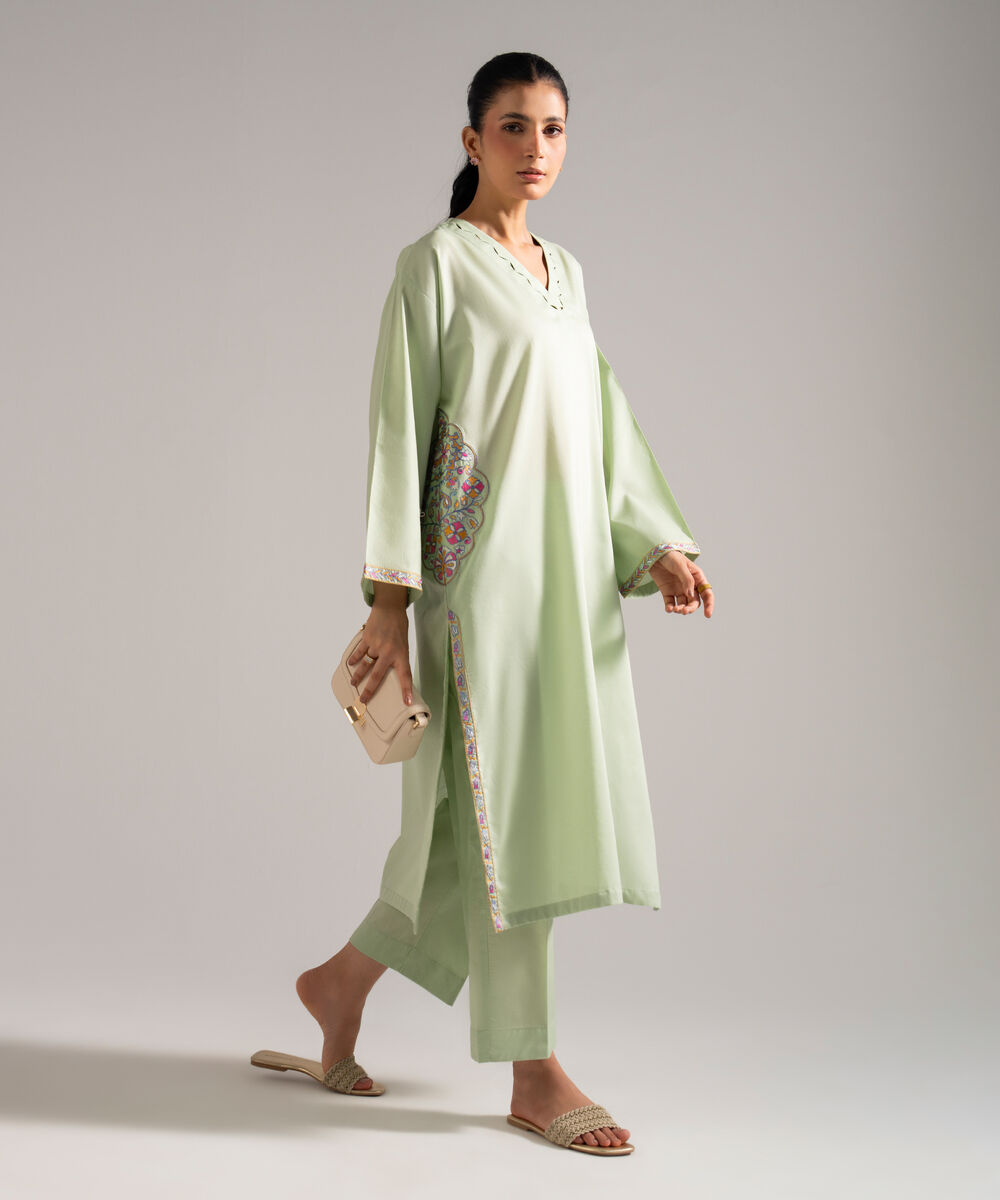 Women's RTW Dobby Embroidered Green Straight Shirt
