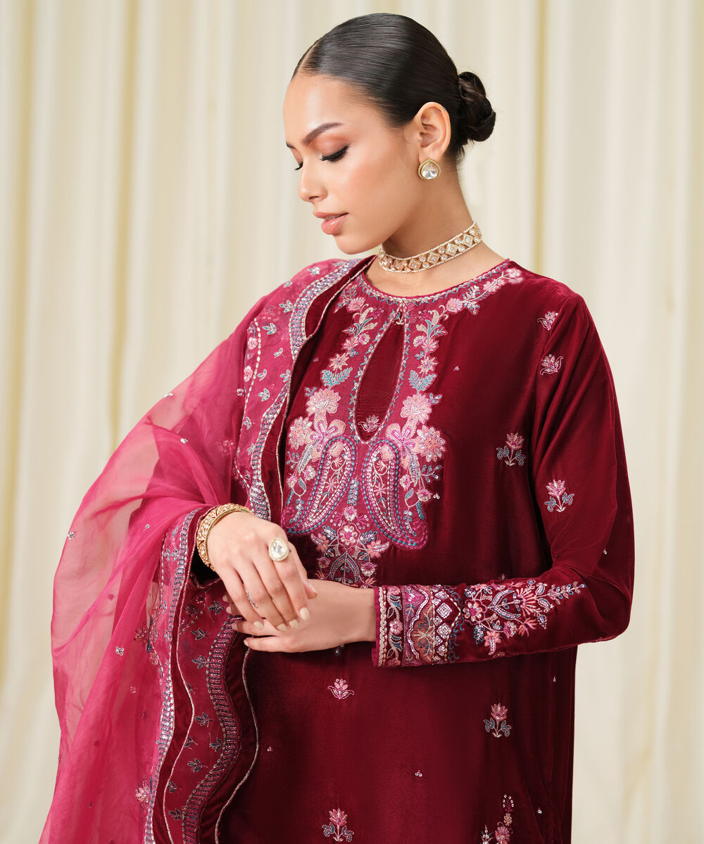 Women's Unstitched Embroidered Velvet Brown 3 Piece Suit