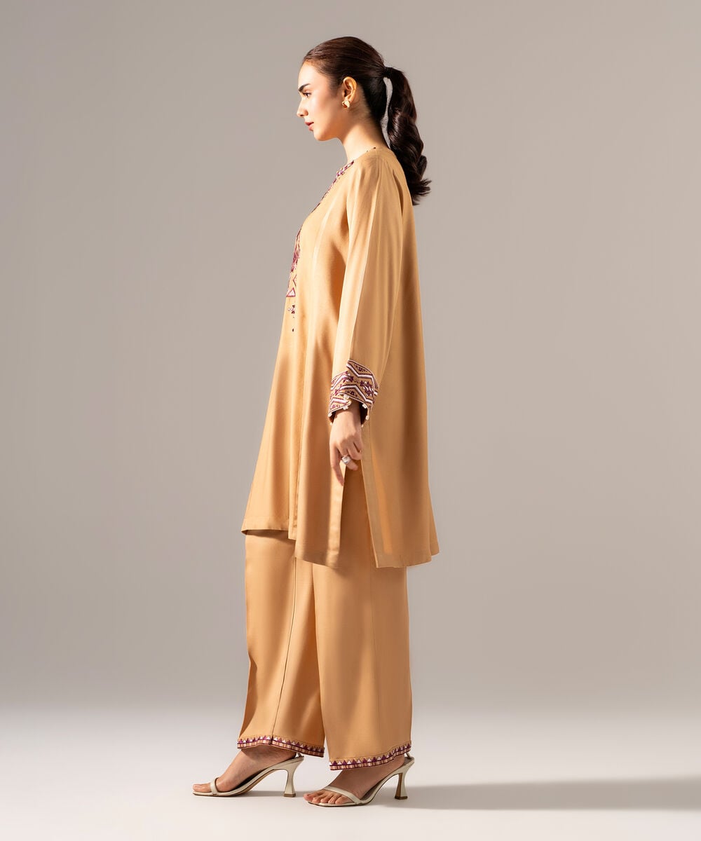 Women's RTW Bedford Solid Embroidered Dark Beige Drop Shoulder Shirt