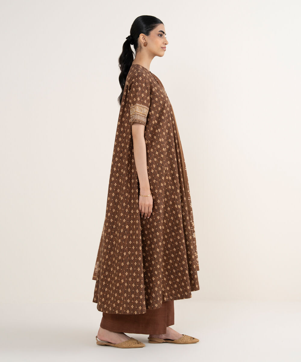 Women's Unstitched Printed Khaddar Brown 3 Piece Suit