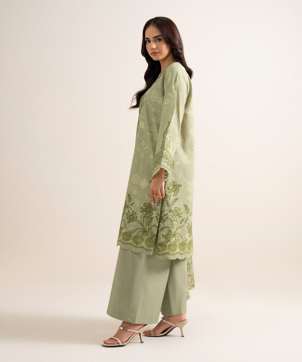Women's Unstitched Embroidered Cotton Moss Green 3 Piece Suit