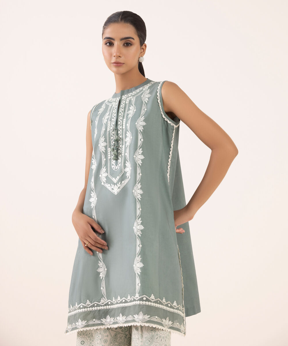 Women's Unstitched Cotton Embroidered Green Two Piece Suit