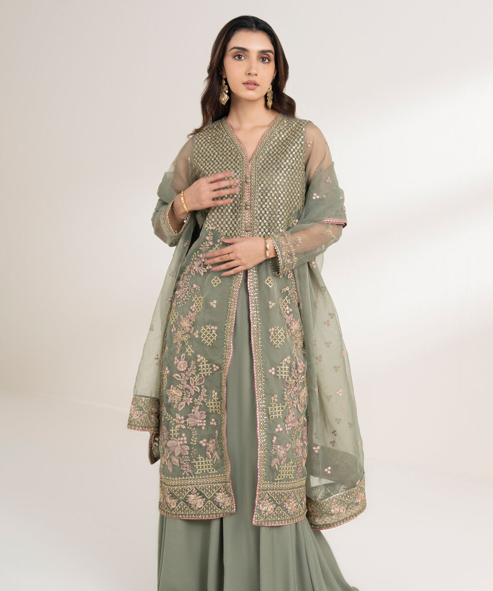 Women's RTW Oraganza Embroidered Green 3 Piece Suit