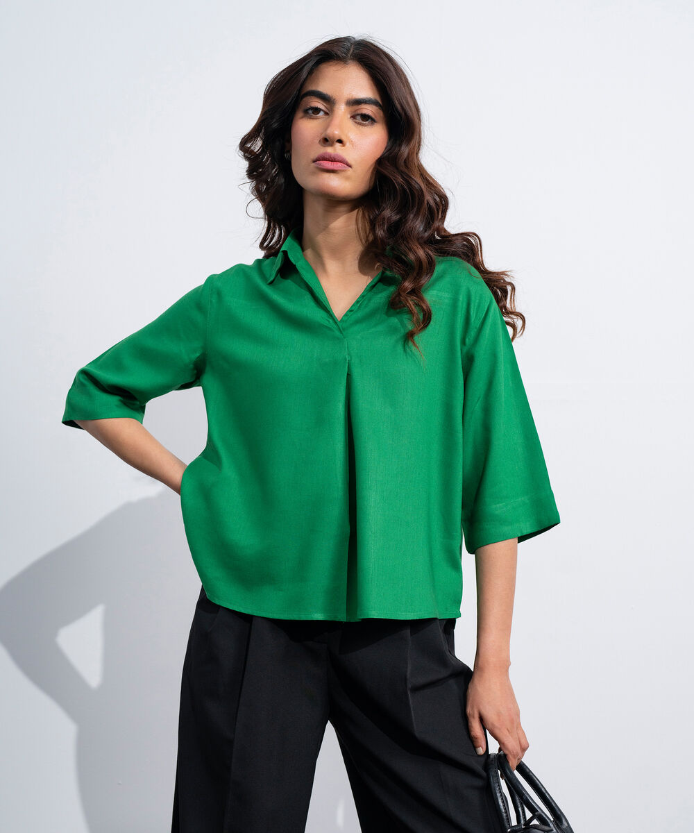 Women's Western Green Linen Blend V-Neck  Top