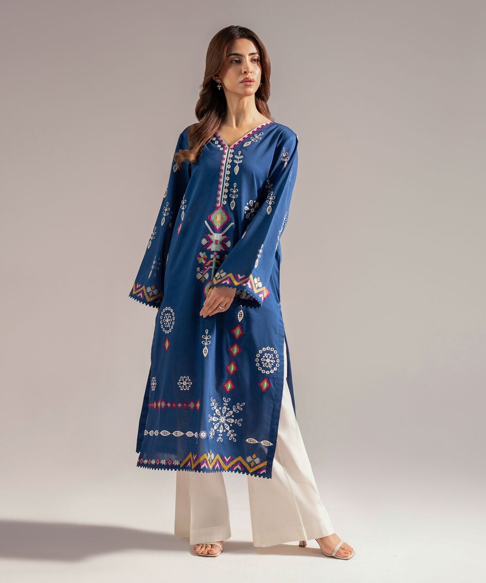 Women's RTW Dobby Embroidered Straight Blue Shirt
