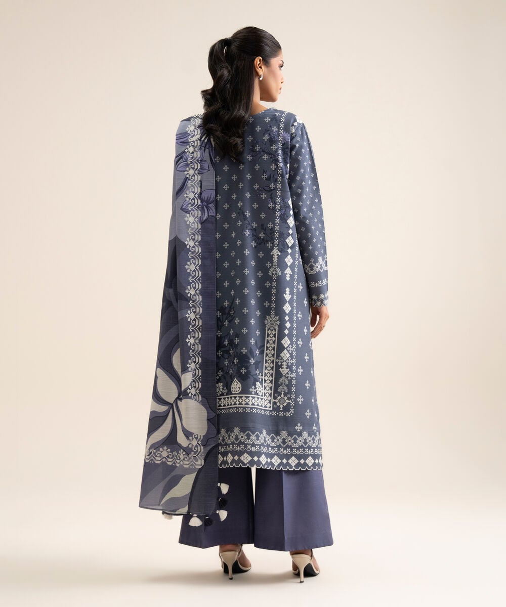 Women's Unstitched Light Khaddar Printed Blue 3 Piece Suit